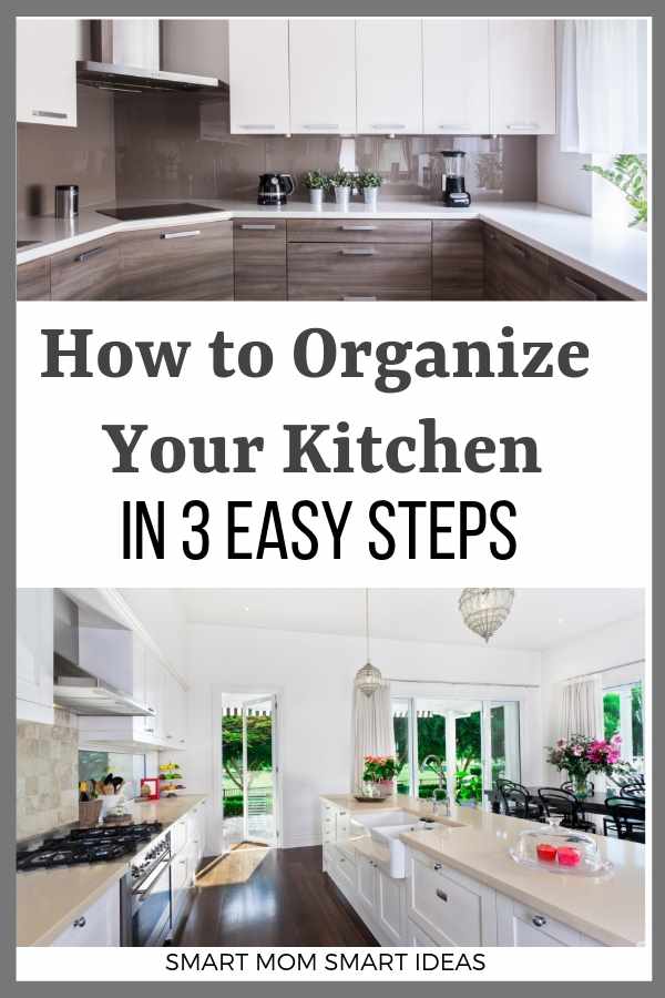 How to organize your kitchen in 3 easy steps. Have the organized kitchen you always wanted with this 3 step process. Do a kitchen declutter today. #smartmomsmartideas, #declutter, #kitchen, #cleaning