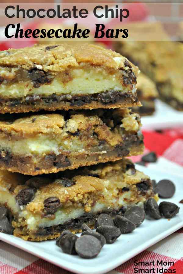 Here's a quick and easy dessert your family and friends will love - chocolate chip cheesecake bars | cheesecake desserts | chocolate chips recipes | bar cookie recipes | dessert recipes | #dessert, #barcookies, #cheesecake, #chocolatechipcookie